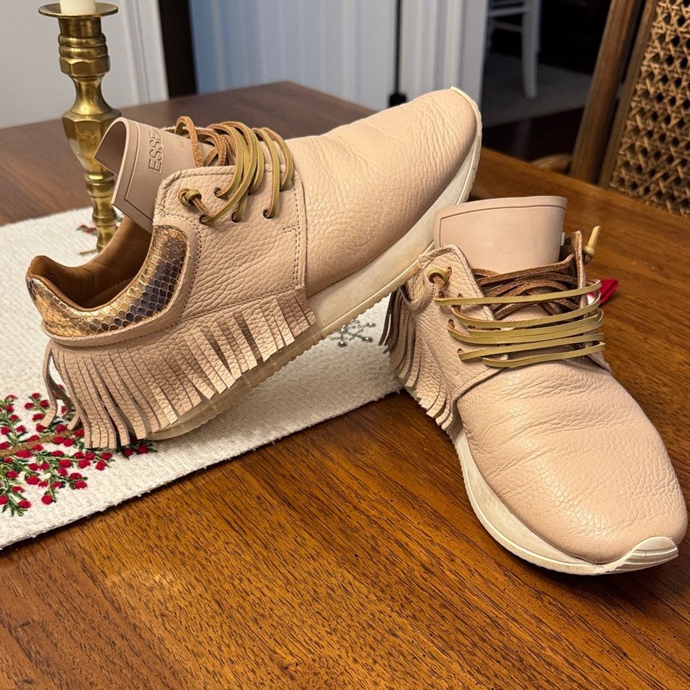 Women’s Beige Fringe Leather Sneakers - ESSĒNCE
